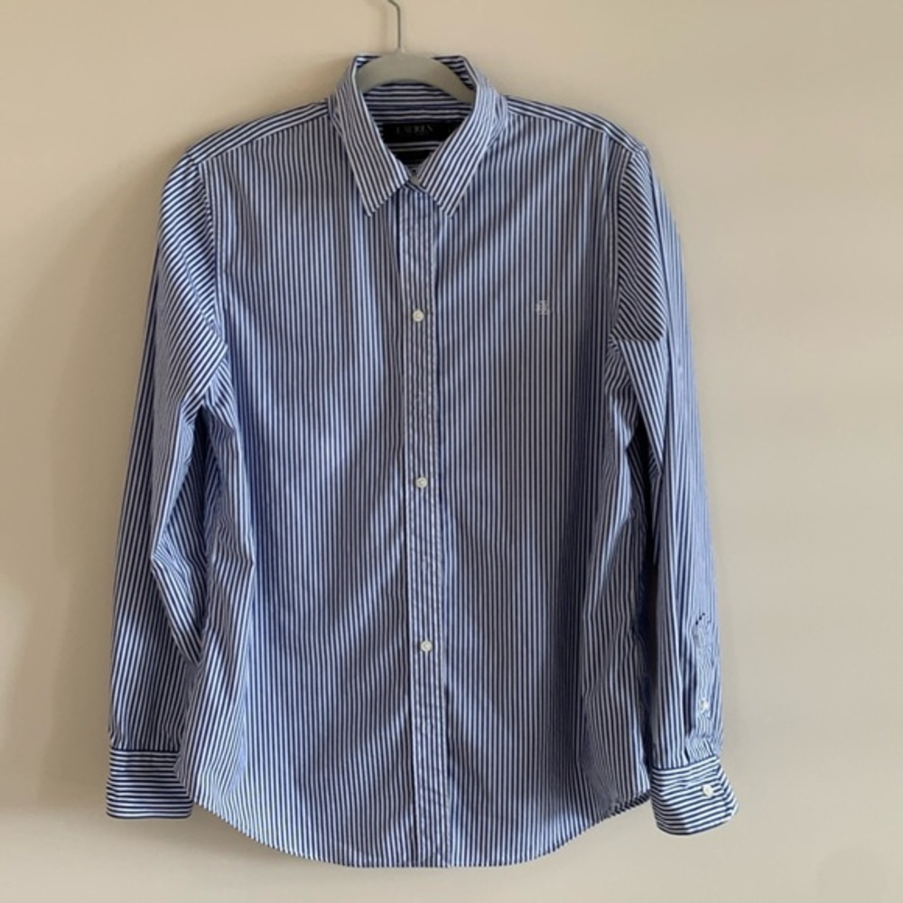 Lauren Button Down Shirt Blue Pinstripe Sz L